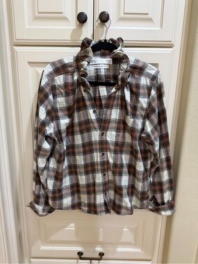 KMJ Quarantina Boyfriend Fit Flannel Plaid Shirt in Brown & Cream